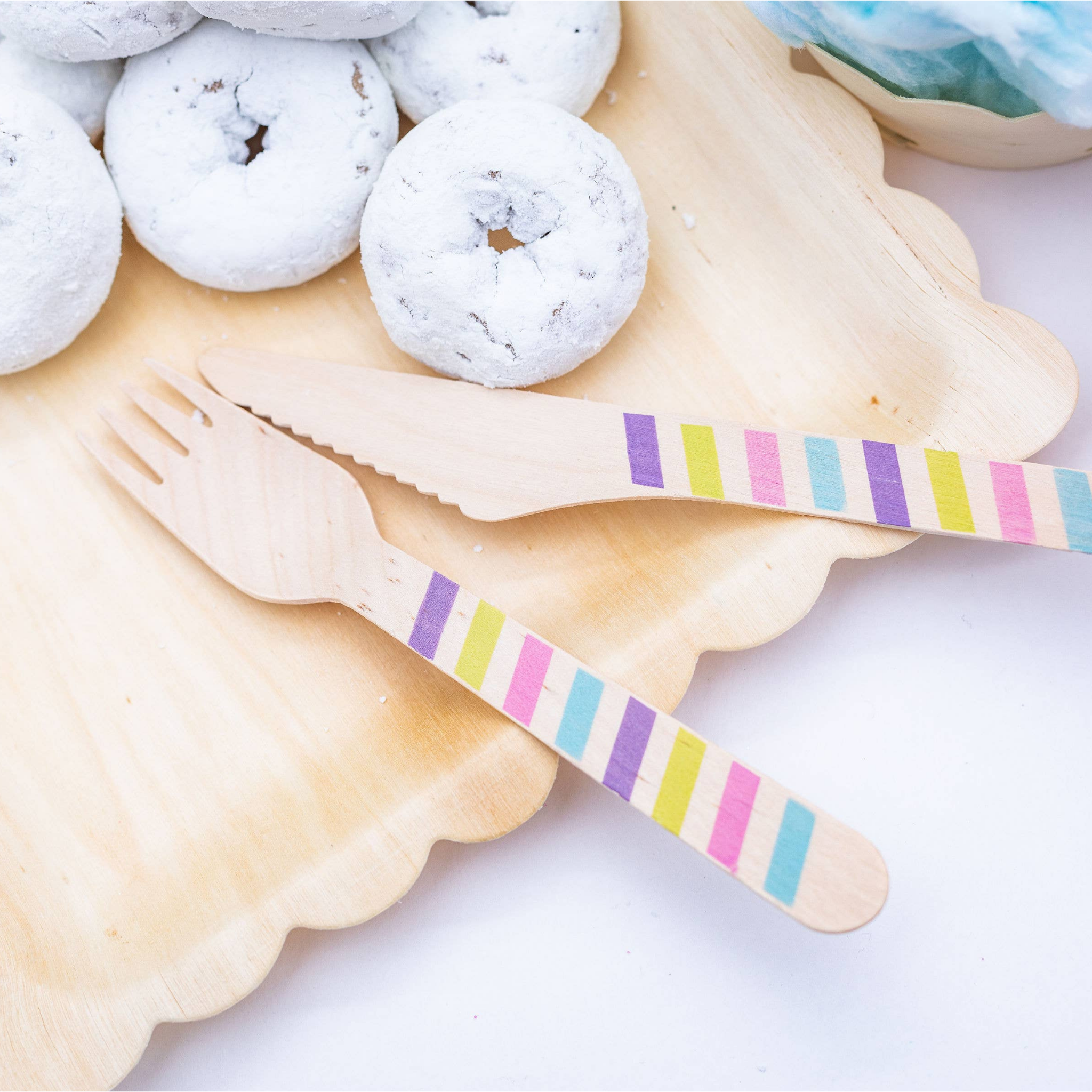 Yellow, Pink, Blue, Purple Stripe Wood Cutlery