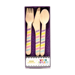 Yellow, Pink, Blue, Purple Stripe Wood Cutlery