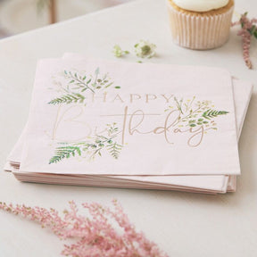 Floral 'Happy Birthday' Pink Small Napkins